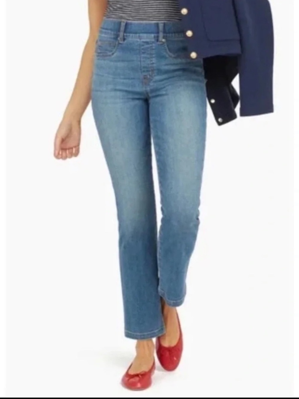 Spanx Straight Jeans Blue Vintage Indigo Ankle Pull On Stretch Slimming Size LP